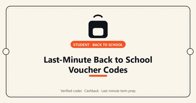 A backpack and school shoes styled with a discount code badge